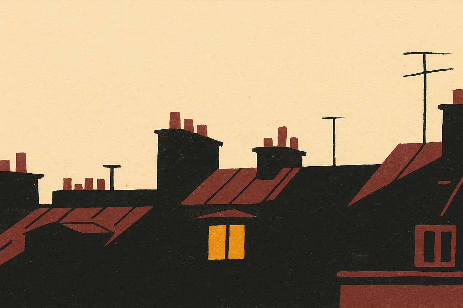 Ilustração em guache de telhados de Montmartre ao entardecer, com uma única janela iluminada em tom dourado