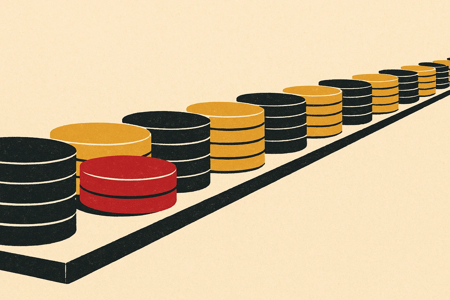 Ilustração em guache de uma estante com latas de filme em perspectiva, uma delas brilhando em vermelho bordô sobre fundo de papel claro