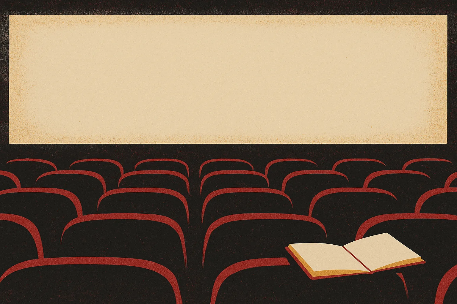 Ilustração em guache de poltronas de cinema diante de uma tela iluminada, com um pequeno caderno aberto sobre o braço de uma das poltronas