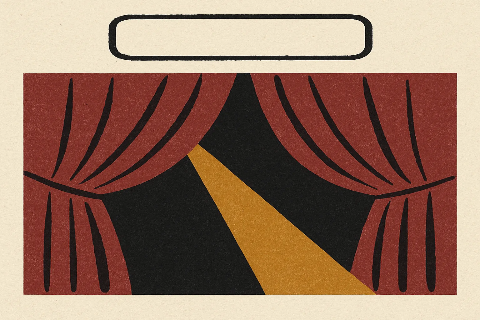 Ilustração em guache de uma cortina de cinema cor de vinho se abrindo sobre um facho de luz de projetor, com a forma de uma marquise vazia acima