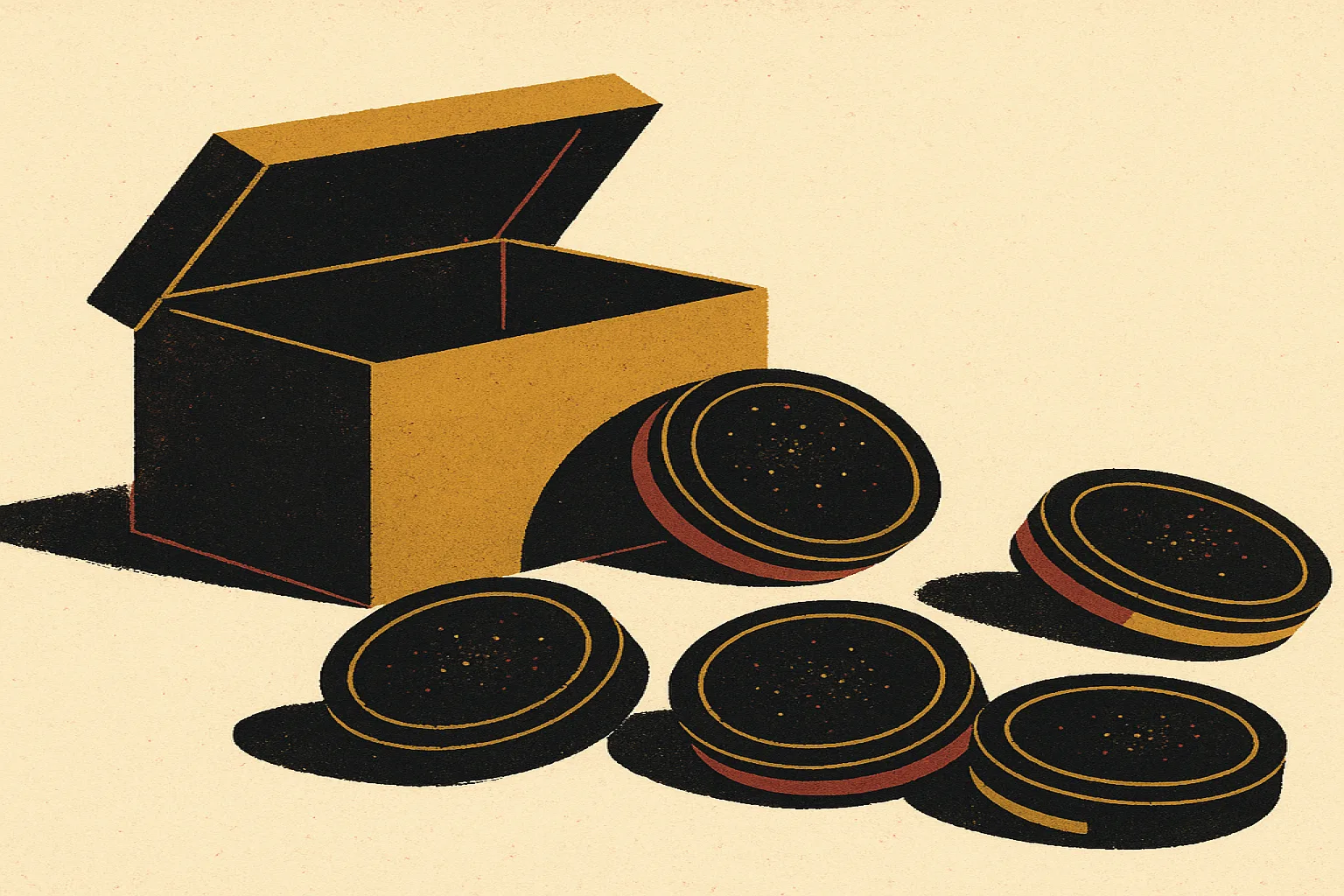 Ilustração em guache de uma caixa de arquivo aberta derramando latas de filme, cada lata acesa como o ponto de luz de uma cidade