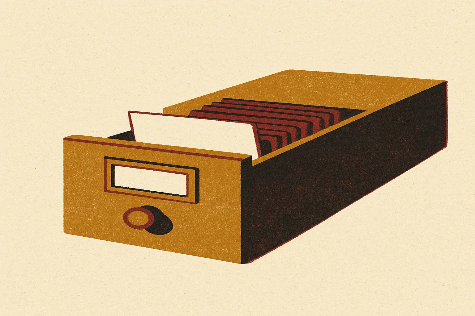 Ilustração em guache de uma gaveta de fichário de arquivo aberta, cheia de fichas de filmes, com uma ficha puxada até a metade, em tons de papel, vinho e dourado