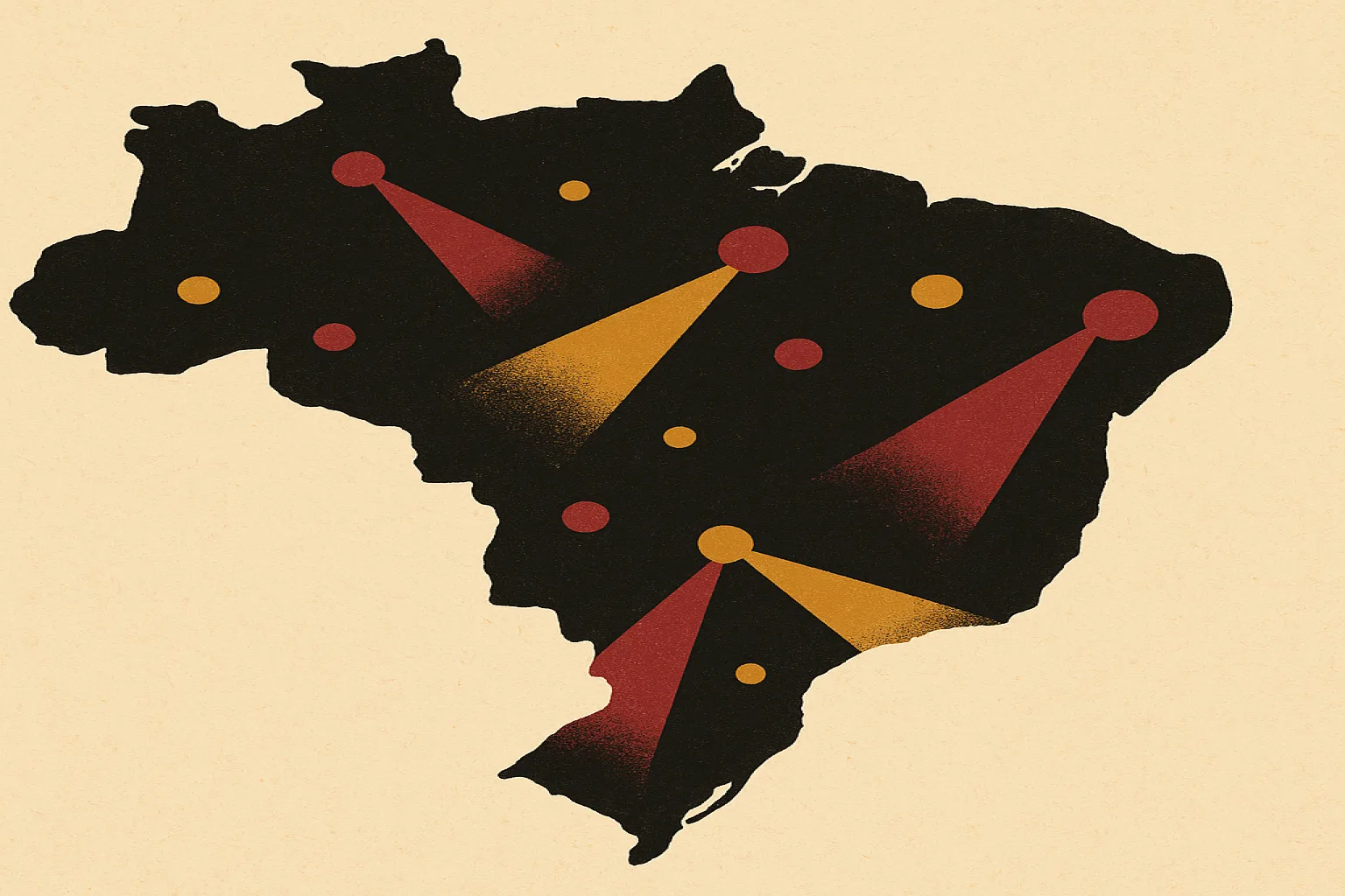 Ilustração em guache de feixes de projetor formando uma constelação de pontos de luz sobre um mapa estilizado do Brasil, em tons de papel, vinho e ocre
