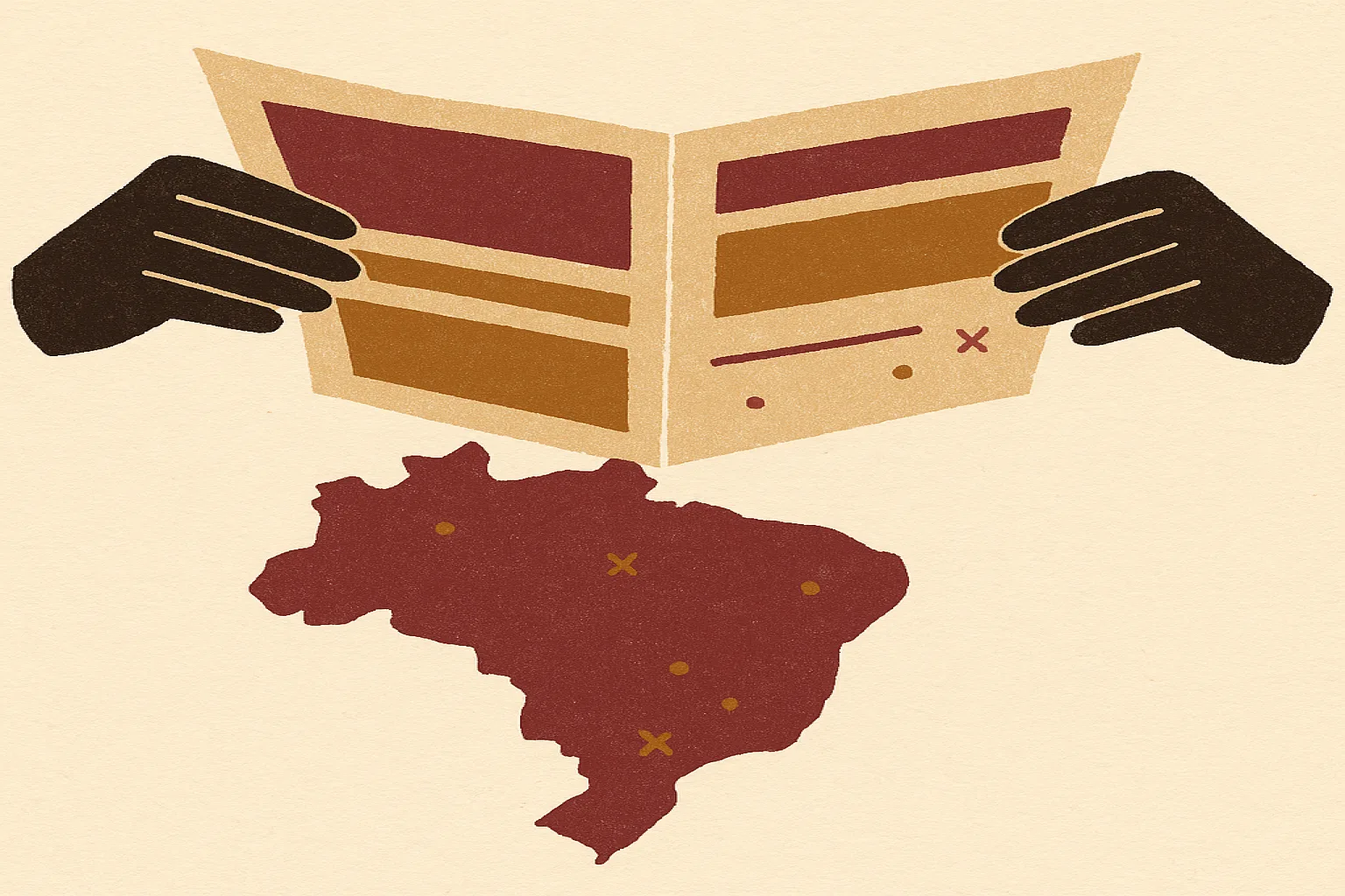 Ilustração em guache de mãos abrindo um folheto de programação impresso sobre um mapa estilizado do Brasil, em tons de papel, vinho e dourado